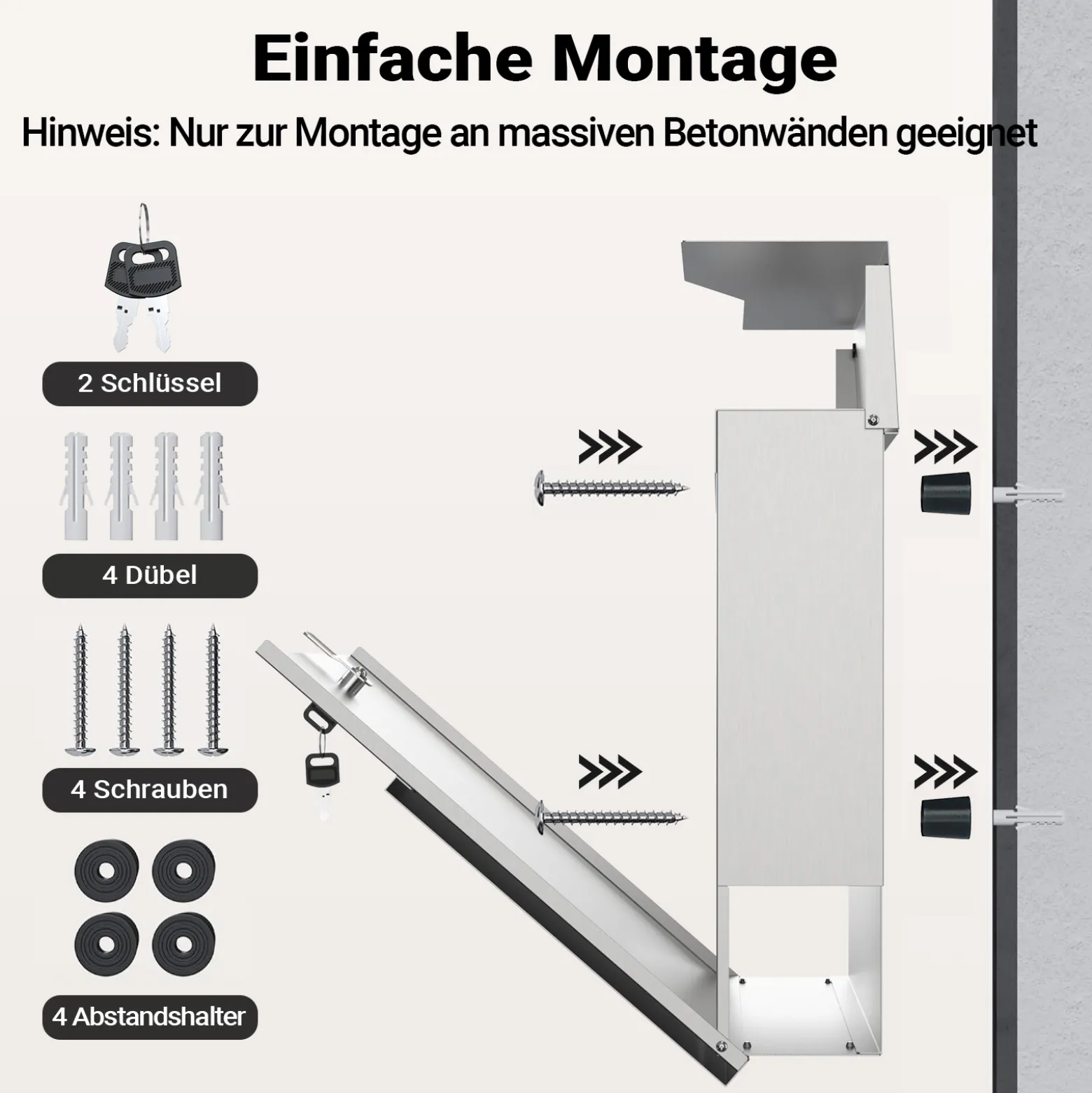 Wiltec Designer Briefkasten V19 Edelstahl 370 x 102 x 370 mm, Wandbriefkasten mit Schloss und Zeitungsrolle, Postkasten aus Stahl