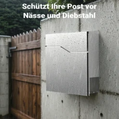 Wiltec Designer Briefkasten V19 Edelstahl 370 x 102 x 370 mm, Wandbriefkasten mit Schloss und Zeitungsrolle, Postkasten aus Stahl
