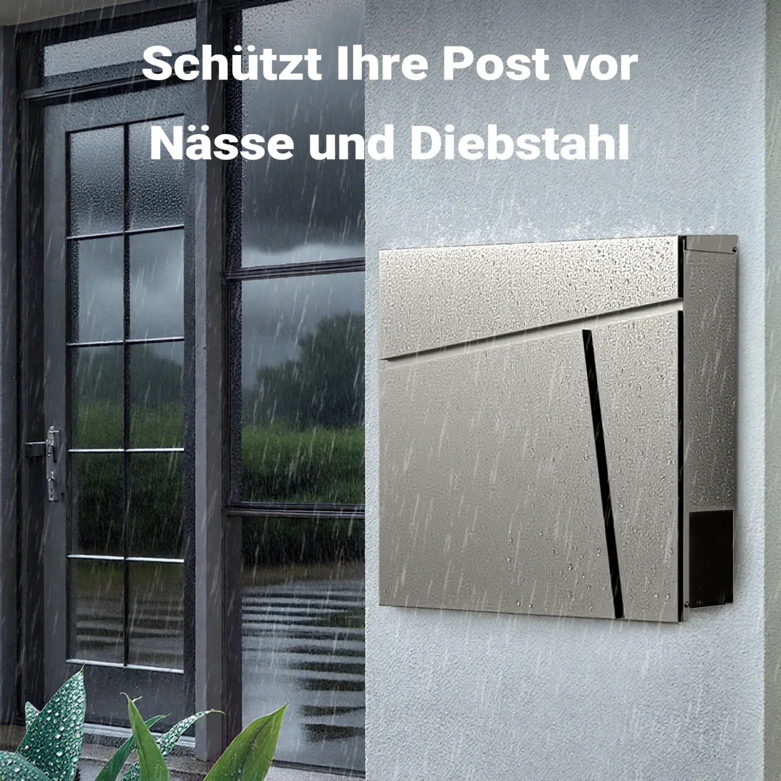 Wiltec Designer Briefkasten V23 Edelstahl 370 x 102 x 370 mm, Wandbriefkasten mit Schloss und Zeitungsrolle, Postkasten aus Stahl