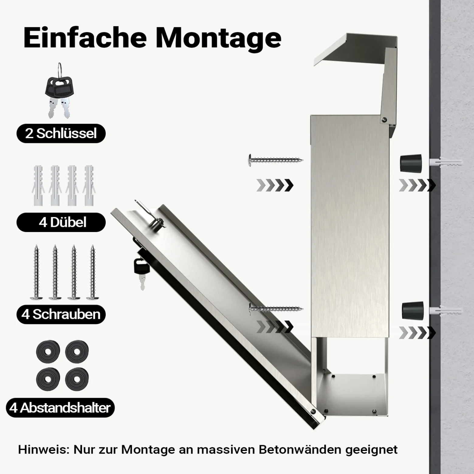 Wiltec Designer Briefkasten V23 Edelstahl 370 x 102 x 370 mm, Wandbriefkasten mit Schloss und Zeitungsrolle, Postkasten aus Stahl