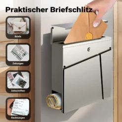 Wiltec Designer Briefkasten V23 Edelstahl 370 x 102 x 370 mm, Wandbriefkasten mit Schloss und Zeitungsrolle, Postkasten aus Stahl