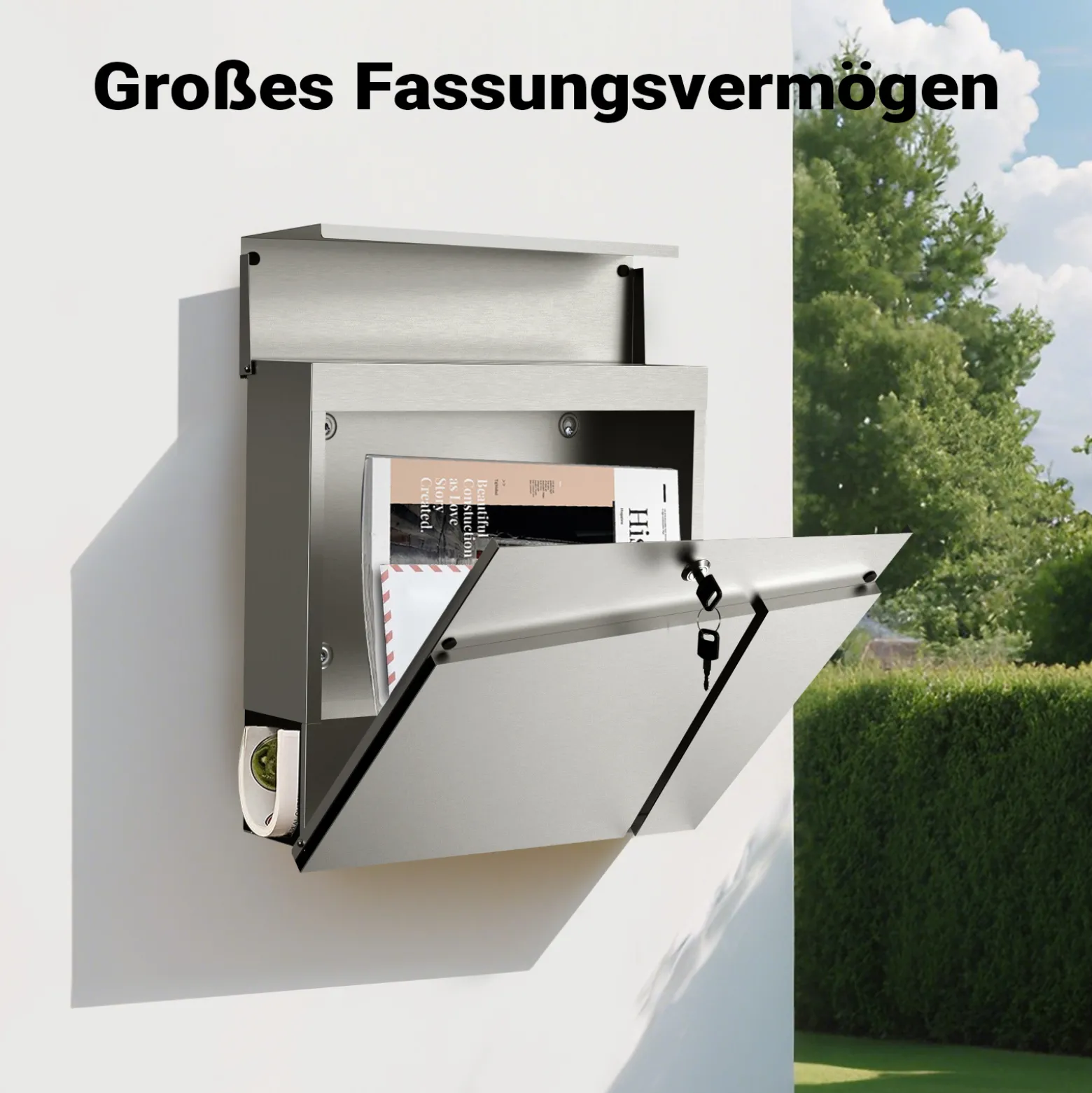 Wiltec Designer Briefkasten V23 Edelstahl 370 x 102 x 370 mm, Wandbriefkasten mit Schloss und Zeitungsrolle, Postkasten aus Stahl