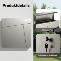 Wiltec Designer Briefkasten V23 Edelstahl 370 x 102 x 370 mm, Wandbriefkasten mit Schloss und Zeitungsrolle, Postkasten aus Stahl