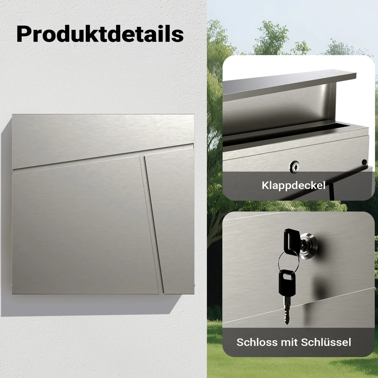 Wiltec Designer Briefkasten V23 Edelstahl 370 x 102 x 370 mm, Wandbriefkasten mit Schloss und Zeitungsrolle, Postkasten aus Stahl