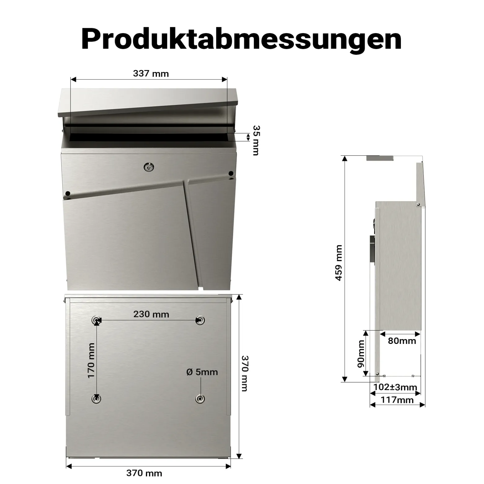 Wiltec Designer Briefkasten V23 Edelstahl 370 x 102 x 370 mm, Wandbriefkasten mit Schloss und Zeitungsrolle, Postkasten aus Stahl
