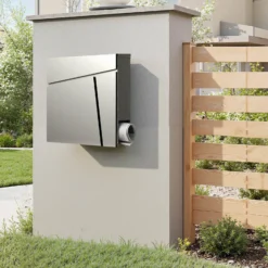 Wiltec Designer Briefkasten V23 Edelstahl 370 x 102 x 370 mm, Wandbriefkasten mit Schloss und Zeitungsrolle, Postkasten aus Stahl