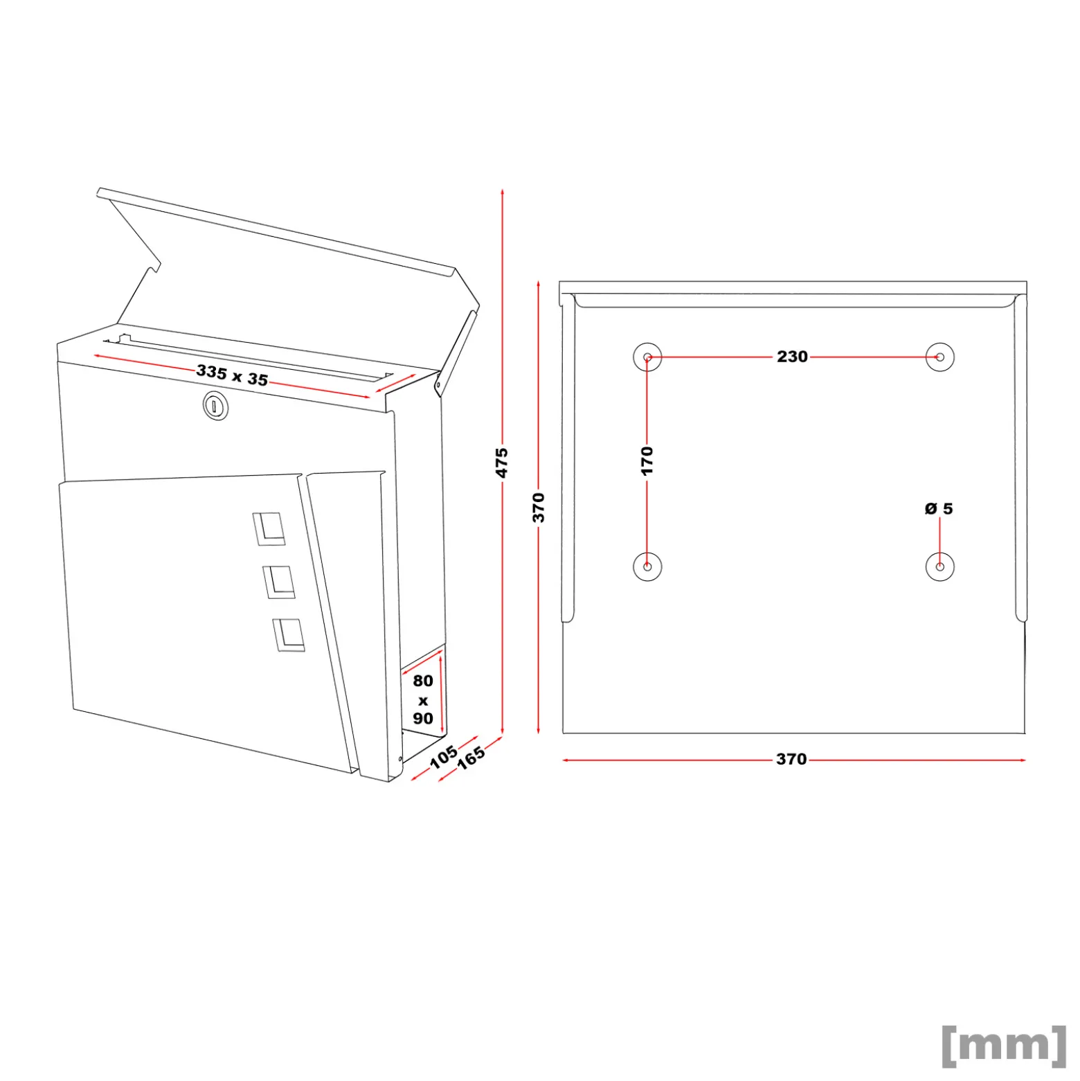 Wiltec Designer Briefkasten V24 Anthrazit 370 x 105 x 370 mm, Wandbriefkasten mit Schloss, Sichtfenstern und Zeitungsrolle, Postkasten aus pulverbeschichtetem Stahl