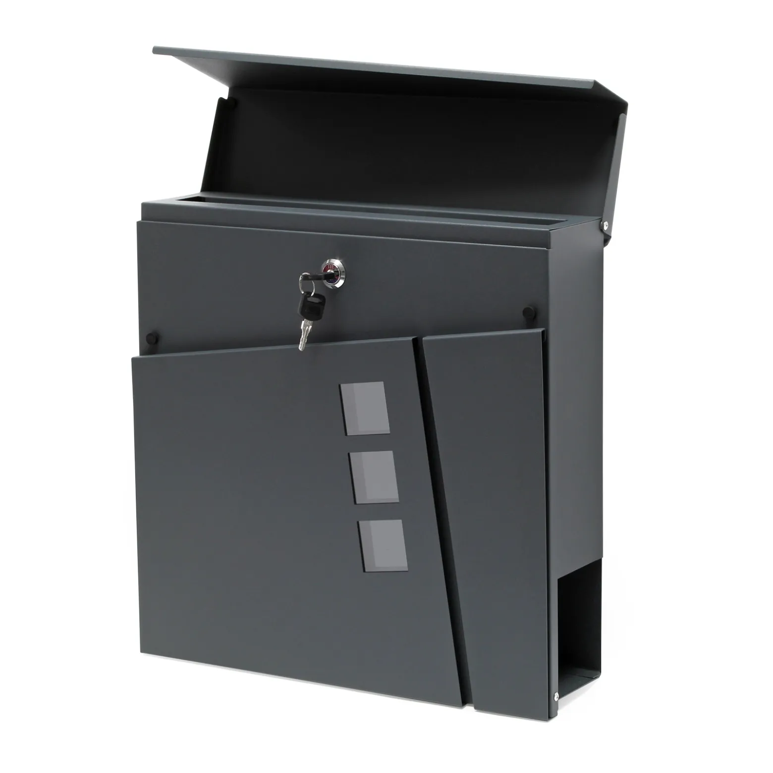 Wiltec Designer Briefkasten V24 Anthrazit 370 x 105 x 370 mm, Wandbriefkasten mit Schloss, Sichtfenstern und Zeitungsrolle, Postkasten aus pulverbeschichtetem Stahl
