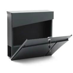 Wiltec Designer Briefkasten V24 Anthrazit 370 x 105 x 370 mm, Wandbriefkasten mit Schloss, Sichtfenstern und Zeitungsrolle, Postkasten aus pulverbeschichtetem Stahl