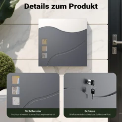 Wiltec Designer Briefkasten V28 Anthrazit und Edelstahl 370 x 102 x 370 mm, Wandbriefkasten mit Schloss, Sichtfenstern und Zeitungsrolle, Postkasten aus pulverbeschichtetem Stahl