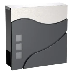 Wiltec Designer Briefkasten V28 Anthrazit und Edelstahl 370 x 102 x 370 mm, Wandbriefkasten mit Schloss, Sichtfenstern und Zeitungsrolle, Postkasten aus pulverbeschichtetem Stahl