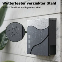 Wiltec Designer Briefkasten V28 Anthrazit und Edelstahl 370 x 102 x 370 mm, Wandbriefkasten mit Schloss, Sichtfenstern und Zeitungsrolle, Postkasten aus pulverbeschichtetem Stahl