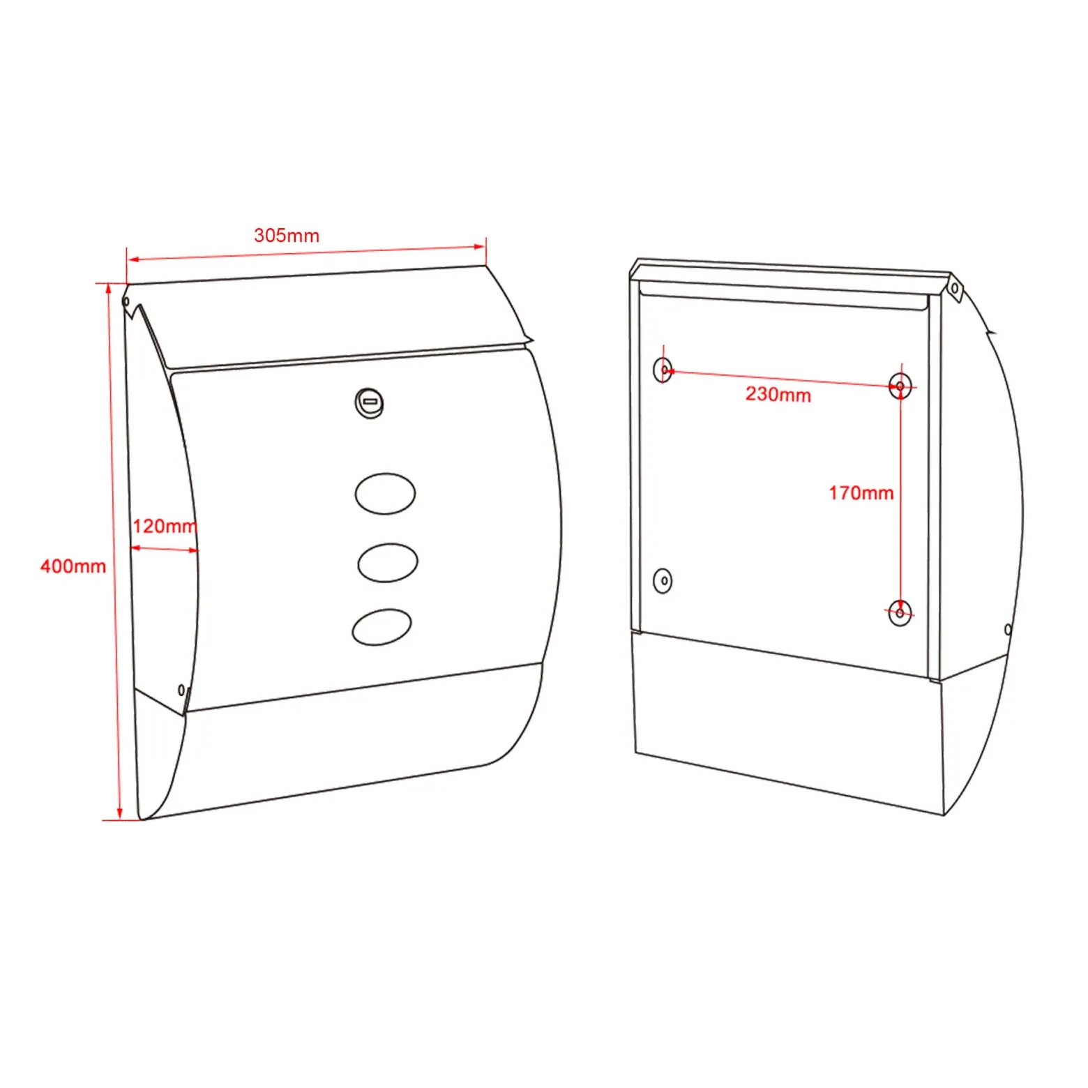 Wiltec Designer Briefkasten V18 schwarz 305 x 120 x 400 mm, Wandbriefkasten mit Schloss, Sichtfenstern und Zeitungsrolle, Postkasten aus pulverbeschichtetem Stahl
