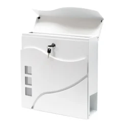 Wiltec Designer Briefkasten V28 weiß 370 x 105 x 370 mm, Wandbriefkasten mit Schloss, Sichtfenstern und Zeitungsrolle, Postkasten aus pulverbeschichtetem Stahl