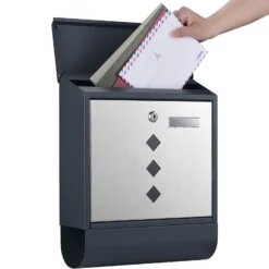 Wiltec Designer Briefkasten V36 Anthrazit und Edelstahl 305 x 105 x 385 mm, Wandbriefkasten mit Schloss, Sichtfenstern, Namensschild, Zeitungsrolle, Postkasten aus galvanisiertem Stahl
