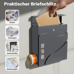 Wiltec Designer Briefkasten V28 Anthrazit 370 x 105 x 370 mm, Wandbriefkasten mit Schloss, Sichtfenstern und Zeitungsrolle, Postkasten aus pulverbeschichtetem Stahl
