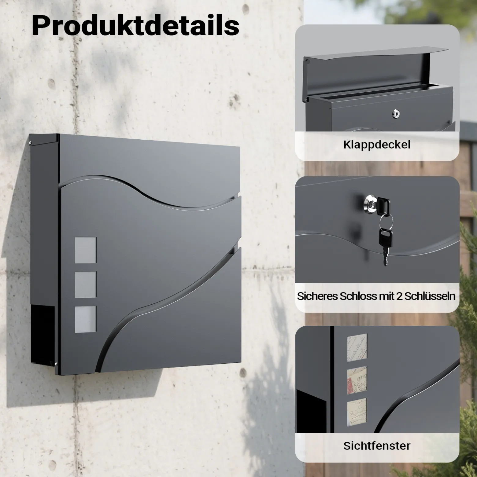 Wiltec Designer Briefkasten V28 Anthrazit 370 x 105 x 370 mm, Wandbriefkasten mit Schloss, Sichtfenstern und Zeitungsrolle, Postkasten aus pulverbeschichtetem Stahl