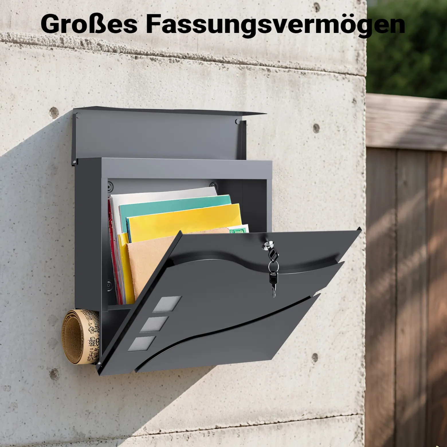 Wiltec Designer Briefkasten V28 Anthrazit 370 x 105 x 370 mm, Wandbriefkasten mit Schloss, Sichtfenstern und Zeitungsrolle, Postkasten aus pulverbeschichtetem Stahl