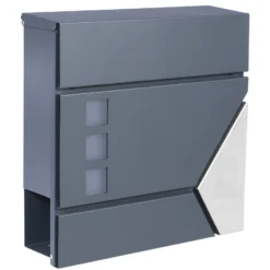 Wiltec Designer Briefkasten V48 Anthrazit und Edelstahl 370 x 105 x 370 mm, Wandbriefkasten mit Schloss, Sichtfenstern, Zeitungsrolle, Postkasten aus galvanisiertem Stahl