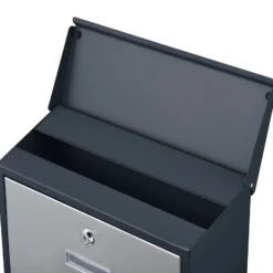 Wiltec Designer Briefkasten V38 Anthrazit und Edelstahl 305 x 105 x 385 mm, Wandbriefkasten mit Schloss, Namensschild, Zeitungsrolle, Postkasten aus galvanisiertem Stahl