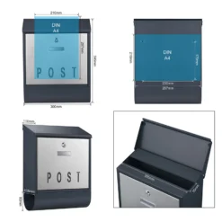 Wiltec Designer Briefkasten V38 Anthrazit und Edelstahl 305 x 105 x 385 mm, Wandbriefkasten mit Schloss, Namensschild, Zeitungsrolle, Postkasten aus galvanisiertem Stahl