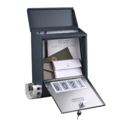 Wiltec Designer Briefkasten V38 Anthrazit und Edelstahl 305 x 105 x 385 mm, Wandbriefkasten mit Schloss, Namensschild, Zeitungsrolle, Postkasten aus galvanisiertem Stahl