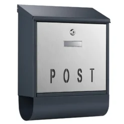 Wiltec Designer Briefkasten V38 Anthrazit und Edelstahl 305 x 105 x 385 mm, Wandbriefkasten mit Schloss, Namensschild, Zeitungsrolle, Postkasten aus galvanisiertem Stahl