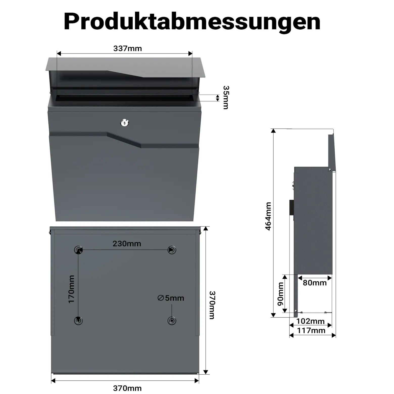 Wiltec Designer Briefkasten V19 anthrazit 370 x 102 x 370 mm, Wandbriefkasten mit Schloss und Zeitungsrolle, Postkasten aus pulverbeschichtetem Stahl