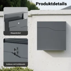 Wiltec Designer Briefkasten V19 anthrazit 370 x 102 x 370 mm, Wandbriefkasten mit Schloss und Zeitungsrolle, Postkasten aus pulverbeschichtetem Stahl