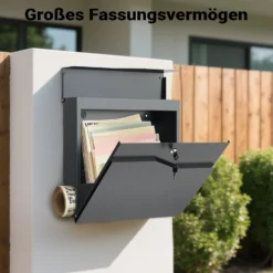 Wiltec Designer Briefkasten V19 anthrazit 370 x 102 x 370 mm, Wandbriefkasten mit Schloss und Zeitungsrolle, Postkasten aus pulverbeschichtetem Stahl