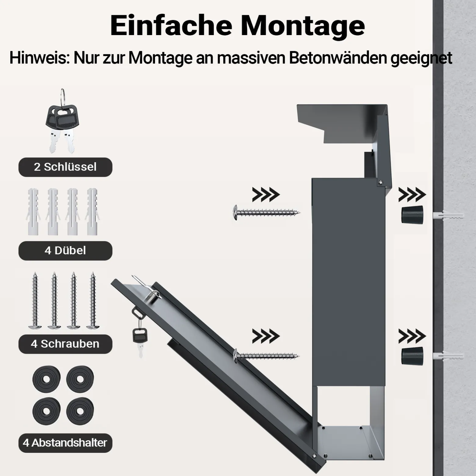 Wiltec Designer Briefkasten V19 anthrazit 370 x 102 x 370 mm, Wandbriefkasten mit Schloss und Zeitungsrolle, Postkasten aus pulverbeschichtetem Stahl
