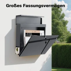 Wiltec Designer Briefkasten V23 anthrazit 370 x 102 x 370 mm, Wandbriefkasten mit Schloss und Zeitungsrolle, Postkasten aus pulverbeschichtetem Stahl
