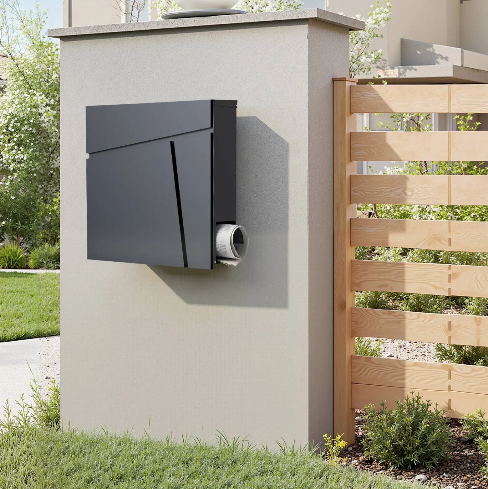 Wiltec Designer Briefkasten V23 anthrazit 370 x 102 x 370 mm, Wandbriefkasten mit Schloss und Zeitungsrolle, Postkasten aus pulverbeschichtetem Stahl