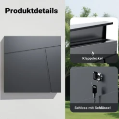 Wiltec Designer Briefkasten V23 anthrazit 370 x 102 x 370 mm, Wandbriefkasten mit Schloss und Zeitungsrolle, Postkasten aus pulverbeschichtetem Stahl