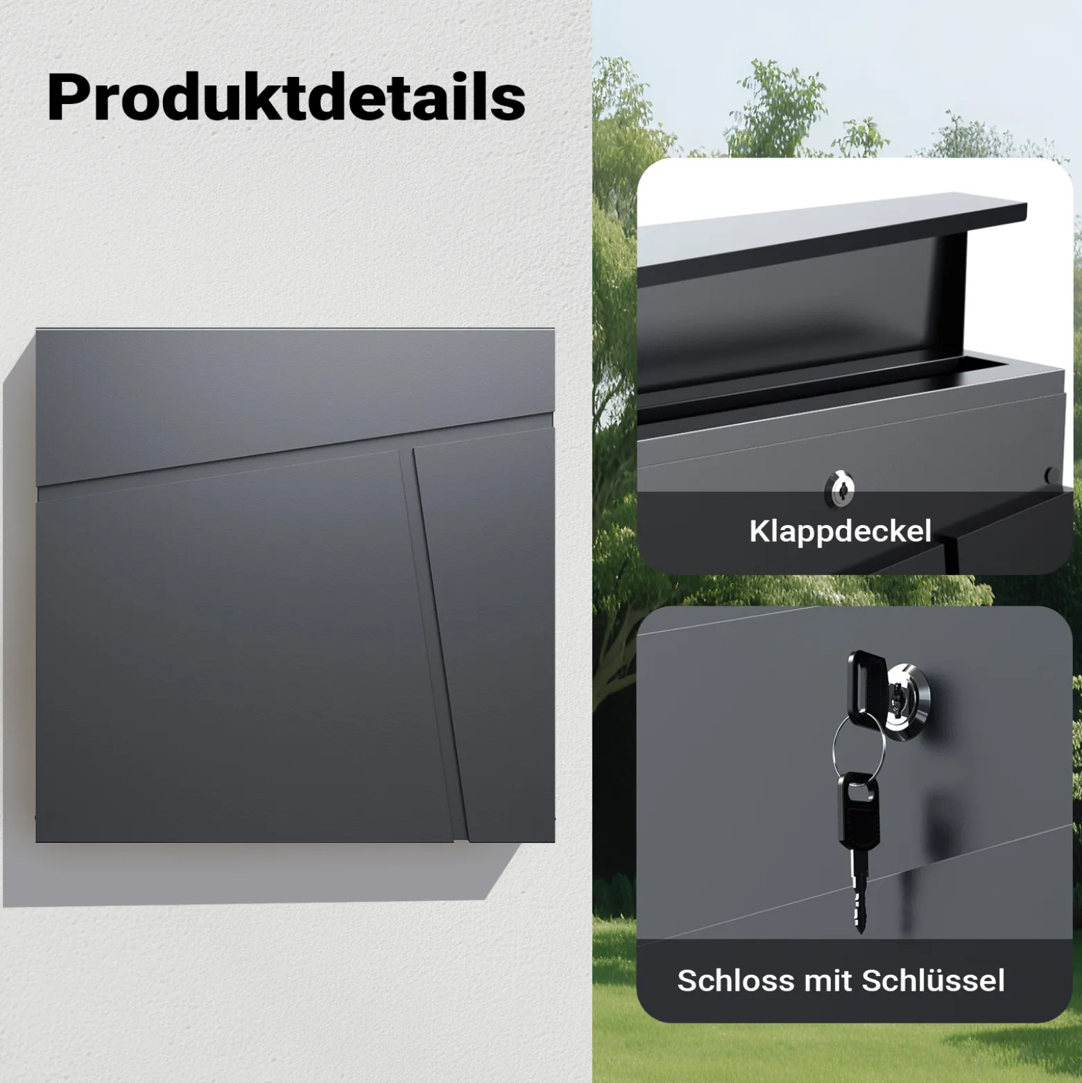 Wiltec Designer Briefkasten V23 anthrazit 370 x 102 x 370 mm, Wandbriefkasten mit Schloss und Zeitungsrolle, Postkasten aus pulverbeschichtetem Stahl