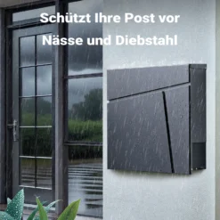 Wiltec Designer Briefkasten V23 anthrazit 370 x 102 x 370 mm, Wandbriefkasten mit Schloss und Zeitungsrolle, Postkasten aus pulverbeschichtetem Stahl