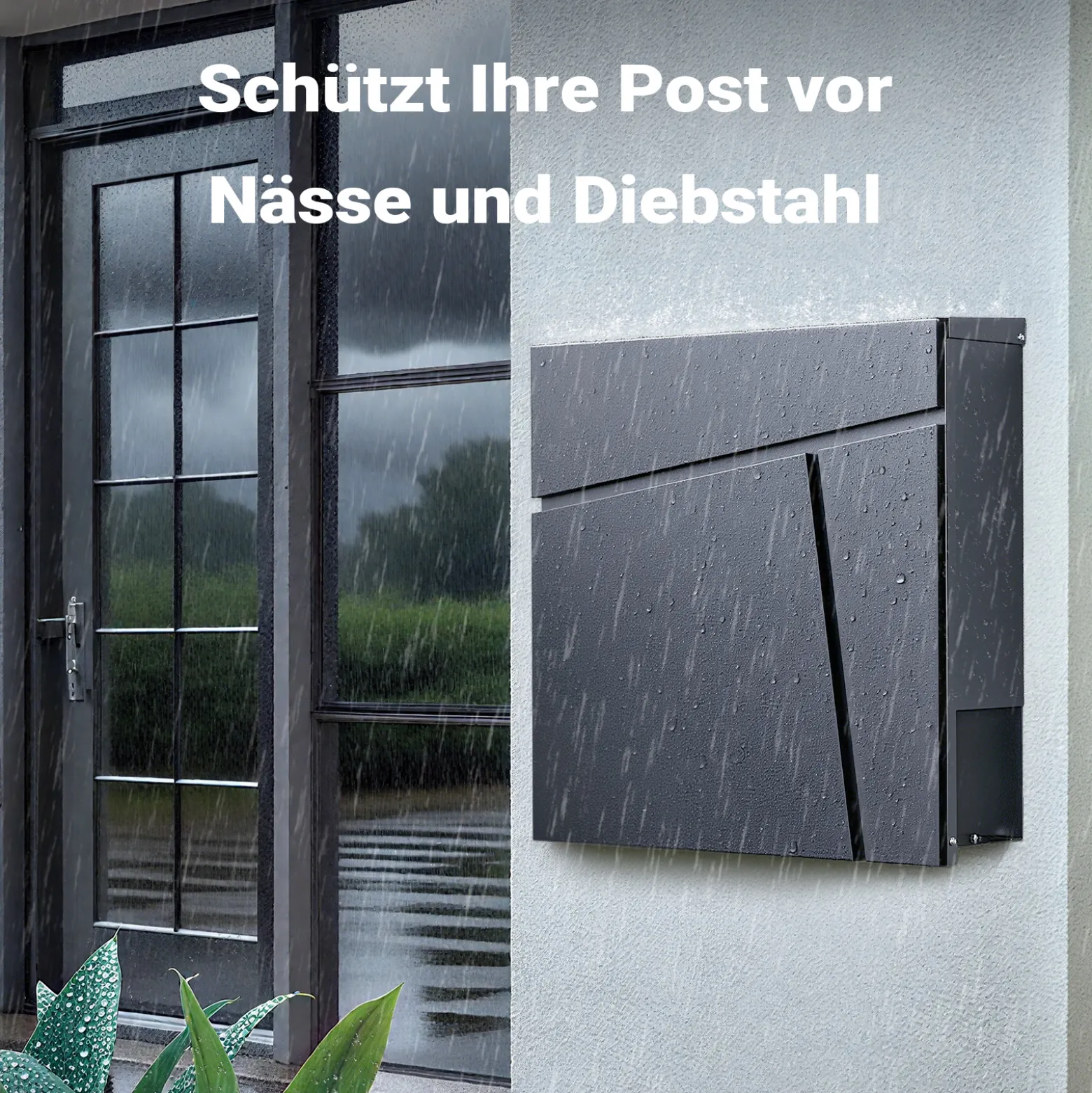Wiltec Designer Briefkasten V23 anthrazit 370 x 102 x 370 mm, Wandbriefkasten mit Schloss und Zeitungsrolle, Postkasten aus pulverbeschichtetem Stahl
