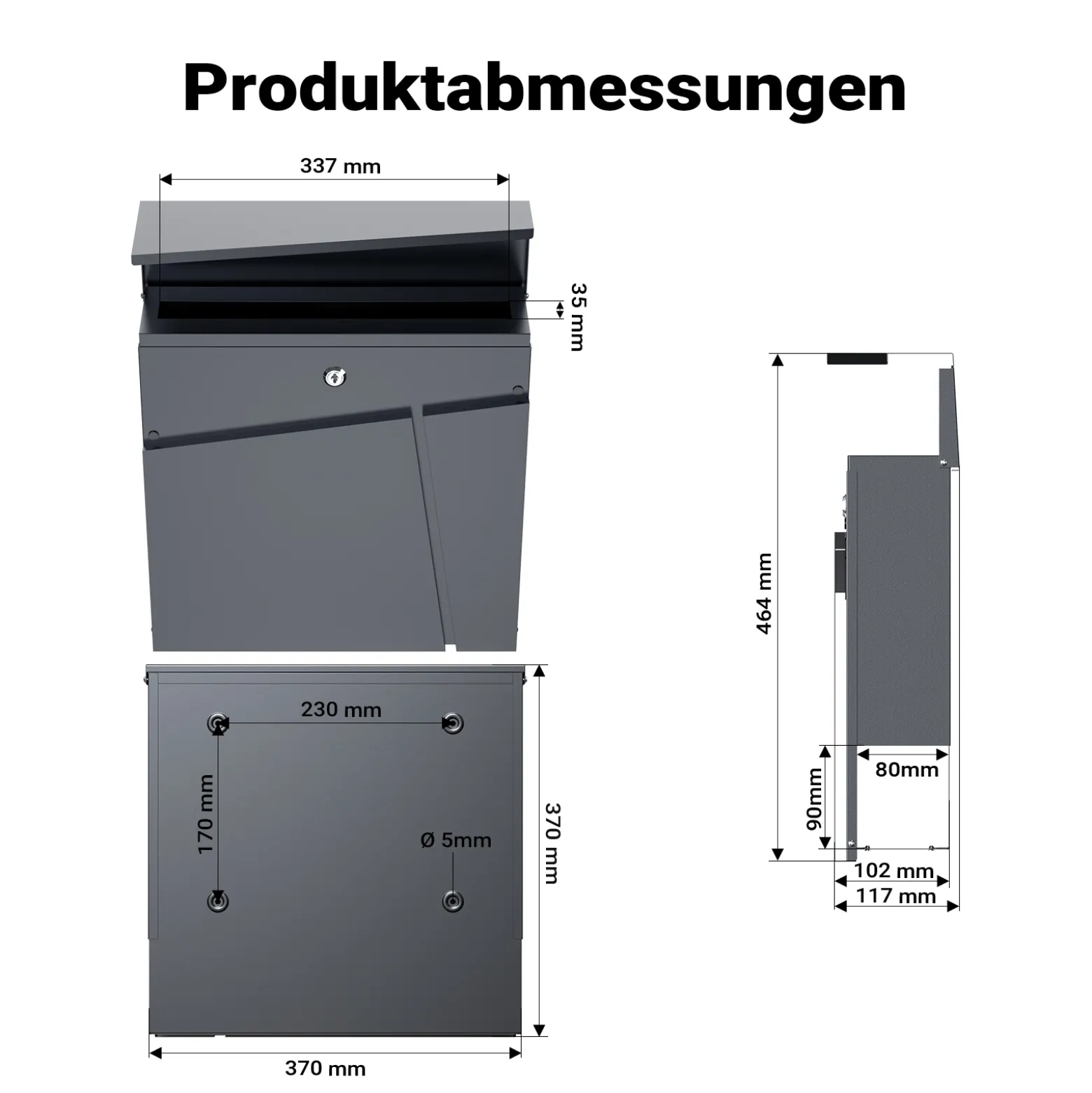Wiltec Designer Briefkasten V23 anthrazit 370 x 102 x 370 mm, Wandbriefkasten mit Schloss und Zeitungsrolle, Postkasten aus pulverbeschichtetem Stahl