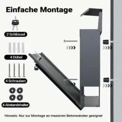 Wiltec Designer Briefkasten V23 anthrazit 370 x 102 x 370 mm, Wandbriefkasten mit Schloss und Zeitungsrolle, Postkasten aus pulverbeschichtetem Stahl
