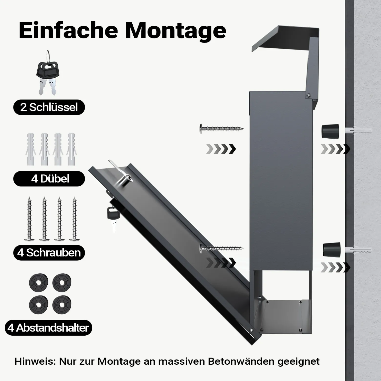 Wiltec Designer Briefkasten V23 anthrazit 370 x 102 x 370 mm, Wandbriefkasten mit Schloss und Zeitungsrolle, Postkasten aus pulverbeschichtetem Stahl