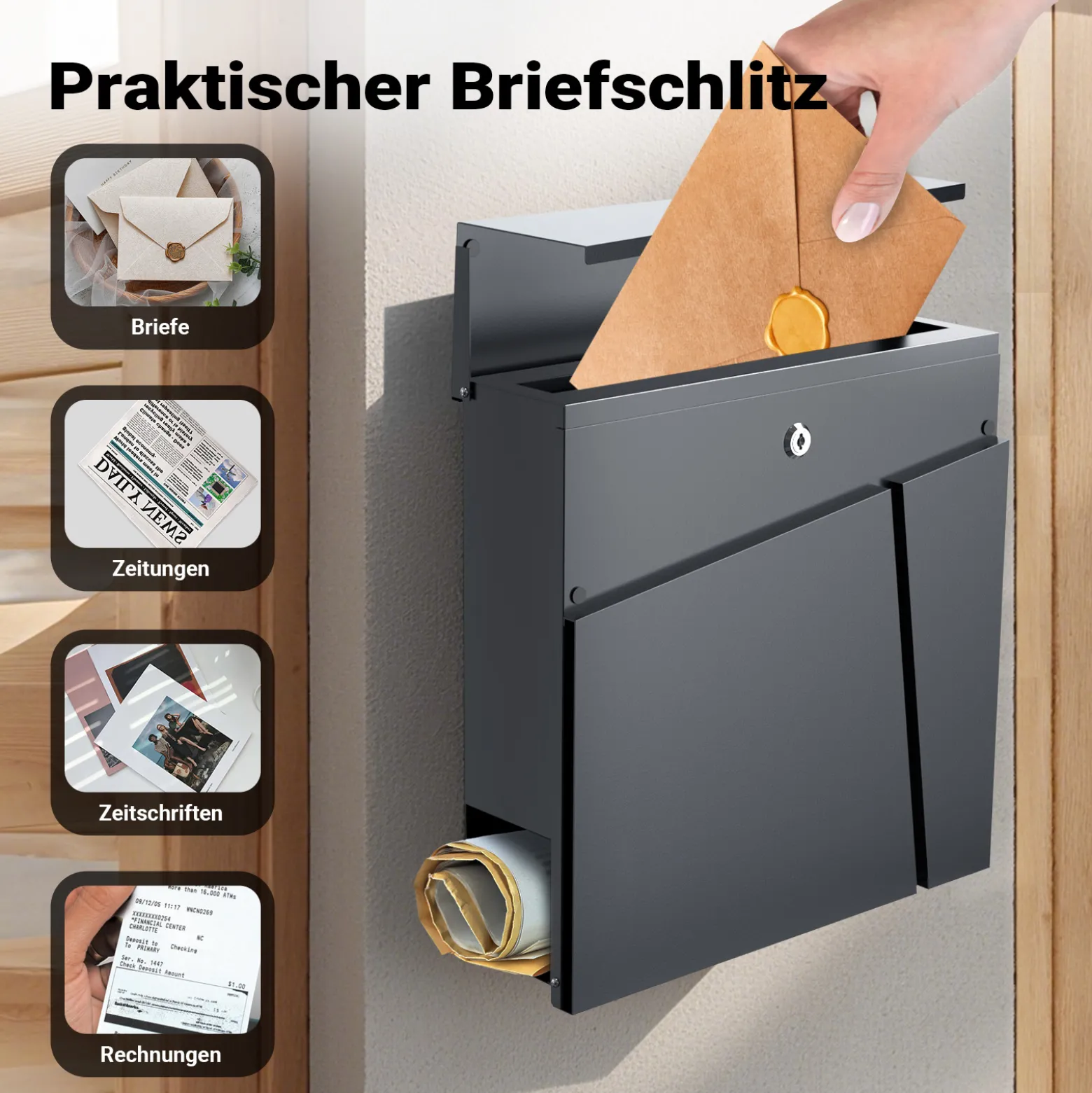 Wiltec Designer Briefkasten V23 anthrazit 370 x 102 x 370 mm, Wandbriefkasten mit Schloss und Zeitungsrolle, Postkasten aus pulverbeschichtetem Stahl