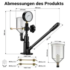 Wiltec Diesel Einspritzdüsentester, Einspritzdüsen Prüfgerät mit Manometer 0-600 bar, Injektor Testgerät inkl. Adapter, Kraftstoffbehälter und Hebel