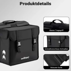 Wiltec Doppel Gepäckträgertasche 35 x 13 x 30 cm, Fahrradtasche Gepäckträger 30 l Stauraum, wasserresistente Fahrrad Tasche, Gepäcktasche leichte Handhabung