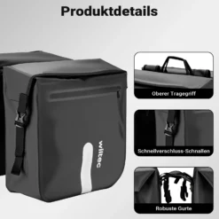 Wiltec Doppel Gepäckträgertasche 37 x 16 x 51 cm, Fahrradtasche Gepäckträger 46 l Stauraum, wasserresistente Fahrrad Tasche, Gepäcktasche mit seitlichen Taschen