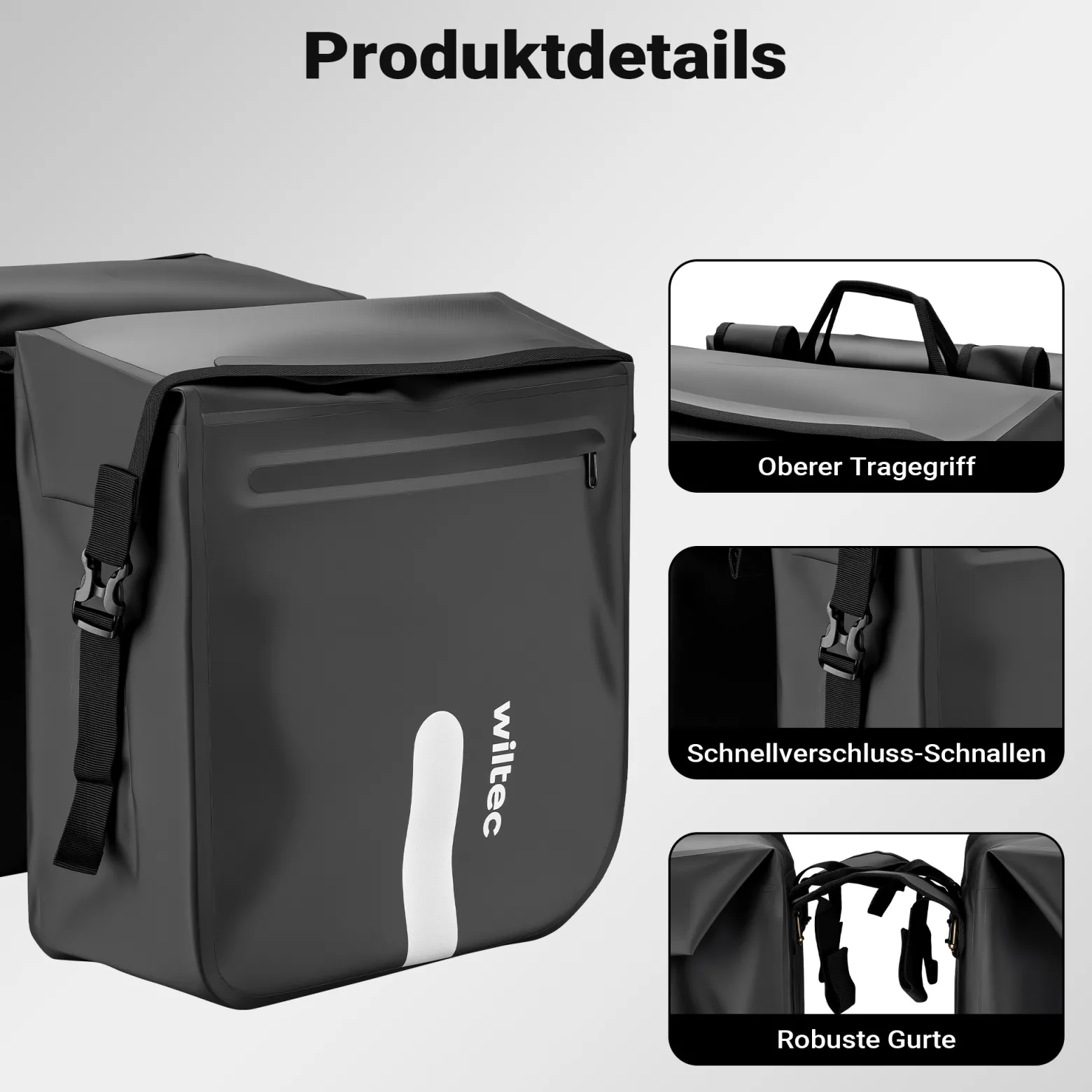 Wiltec Doppel Gepäckträgertasche 37 x 16 x 51 cm, Fahrradtasche Gepäckträger 46 l Stauraum, wasserresistente Fahrrad Tasche, Gepäcktasche mit seitlichen Taschen