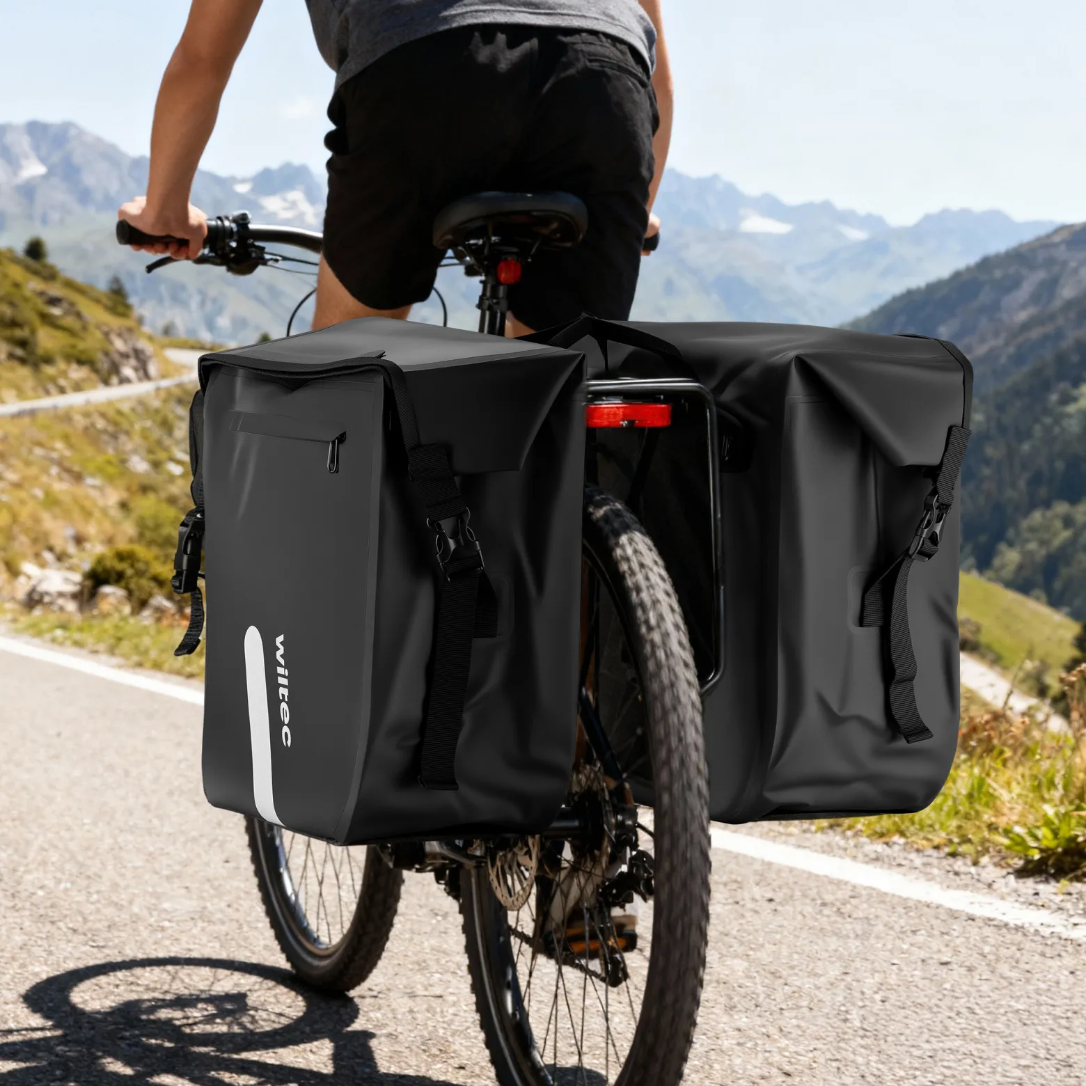 Wiltec Doppel Gepäckträgertasche 37 x 16 x 51 cm, Fahrradtasche Gepäckträger 46 l Stauraum, wasserresistente Fahrrad Tasche, Gepäcktasche mit seitlichen Taschen