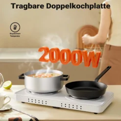 Wiltec Doppelkochplatte 2000W Kochplatte elektrisch mit Thermostat und Überhitzungsschutz Camping Herdplatte aus Gusseisen Elektro Kochplatte