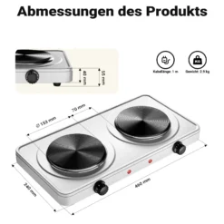 Wiltec Doppelkochplatte 2000W Kochplatte elektrisch mit Thermostat und Überhitzungsschutz Camping Herdplatte aus Gusseisen Elektro Kochplatte