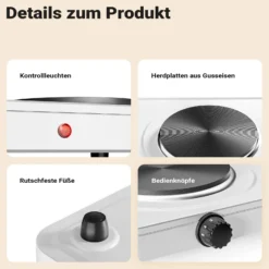 Wiltec Doppelkochplatte 2000W Kochplatte elektrisch mit Thermostat und Überhitzungsschutz Camping Herdplatte aus Gusseisen Elektro Kochplatte