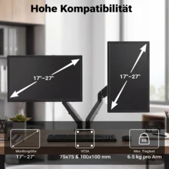 Wiltec Doppel Monitorhalterung mit Gasdruckfeder für zwei Monitore 17-27 Zoll Tischhalterung VESA